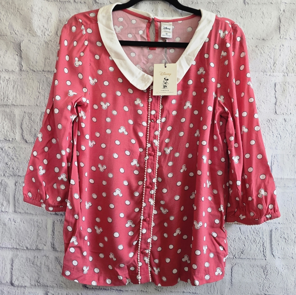 Lauren Conrad X Disney Blouse Minnie Mouse Polka Dot Pink Fringe Button Up NWT M
